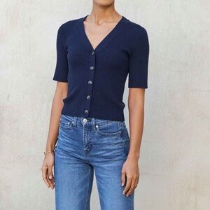 Women’s Gray Knitted Cardigan Button Down V neckline Short Sleeves Top Size L